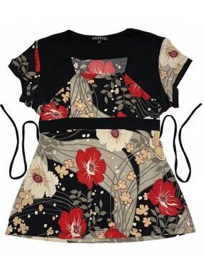 Vintage George Canada Made Black Red Floral Print Babydoll Short Sleeve Top Sz S